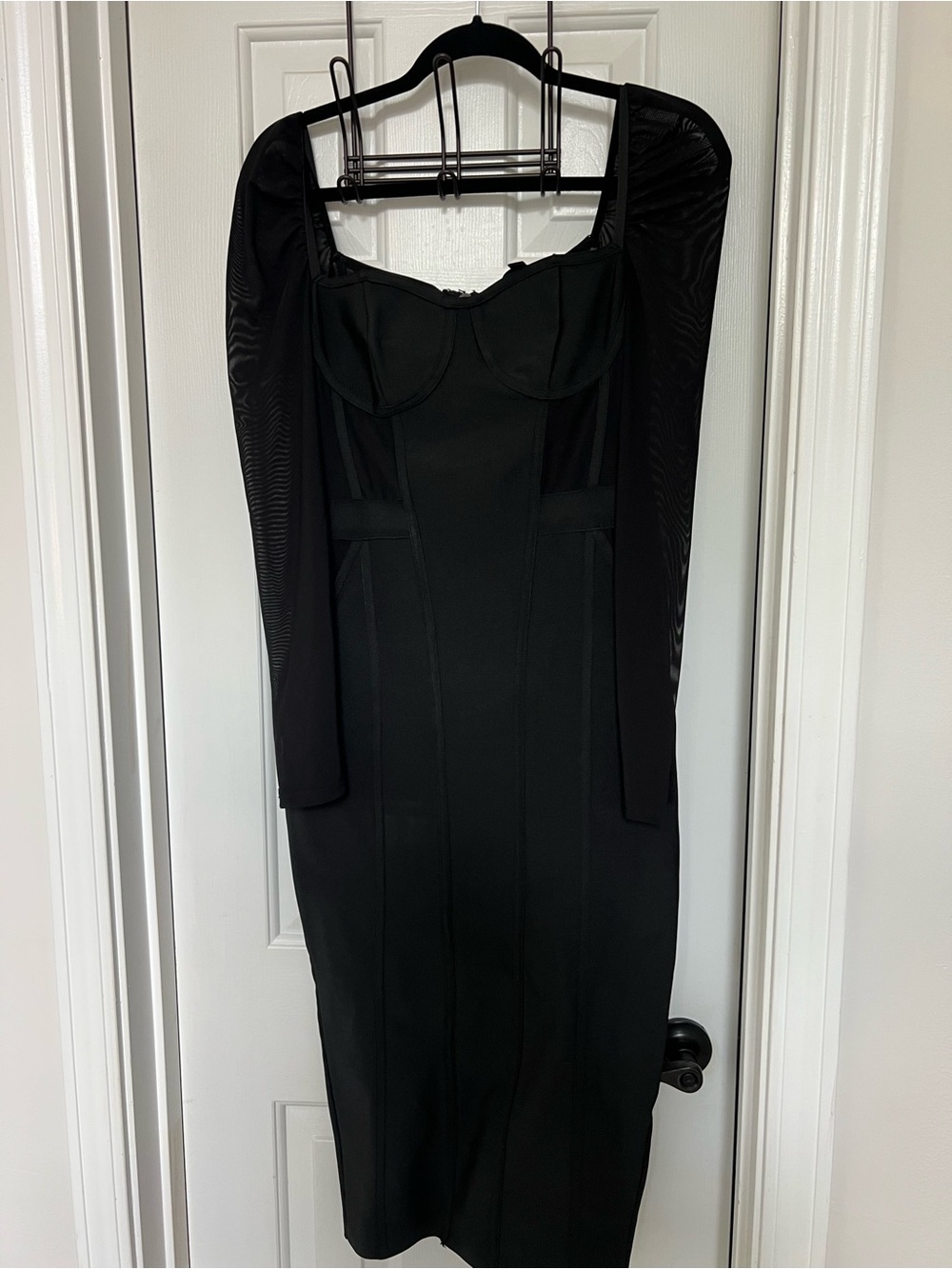 Elegant Black Midi Dress with Sheer Long Sleeves